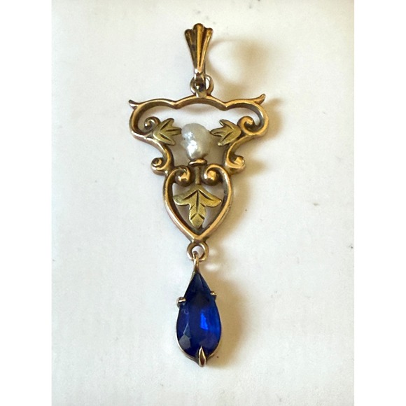 10K Gold Seed Pearl Faux Blue Sapphire Glass Art Nouveau Pendant 1.5